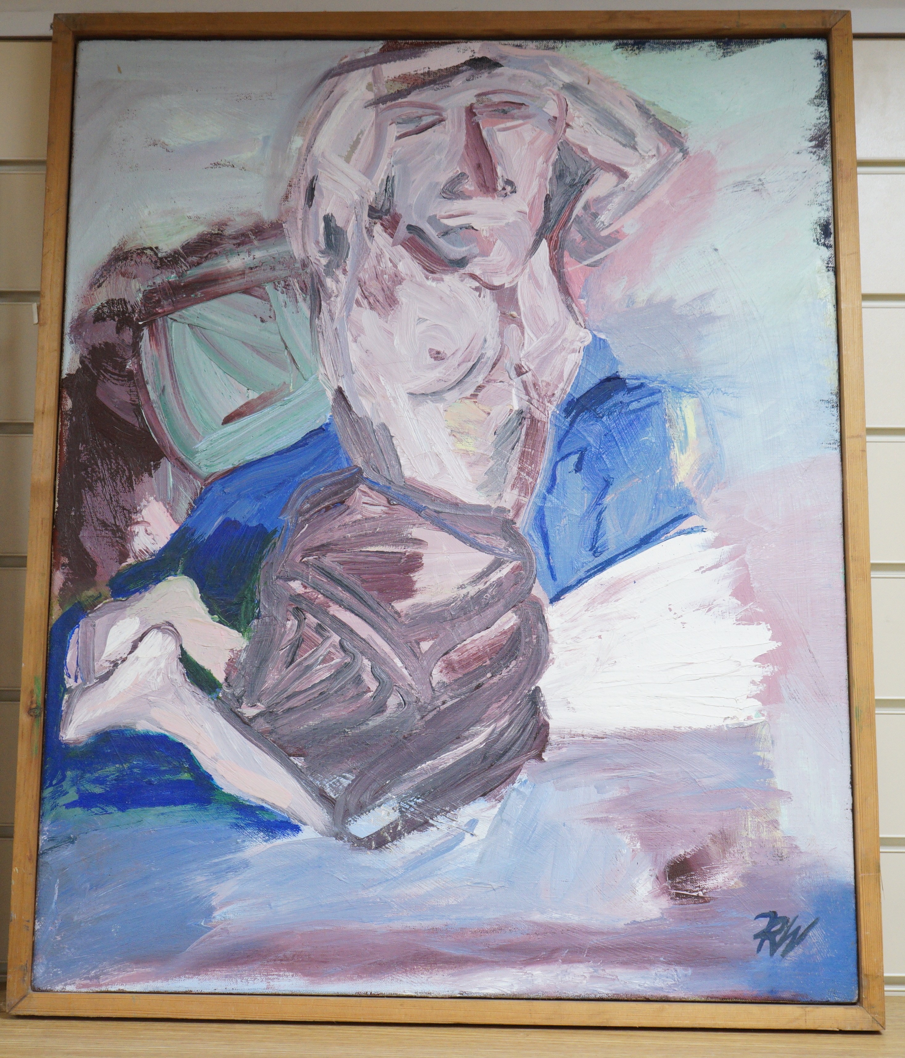 Modern British, oil on canvas, Stylised nude, monogrammed RW, 68 x 56cm